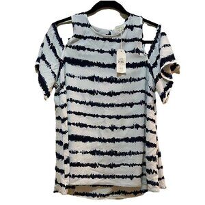 MUD PIE  Blouse White & Navy "Lawson" Cold Shoulder High Low Hem Top Sz M NWT
